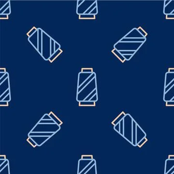Line Sewing thread on spool icon isolated seamless pattern on blue background Stock Illustration