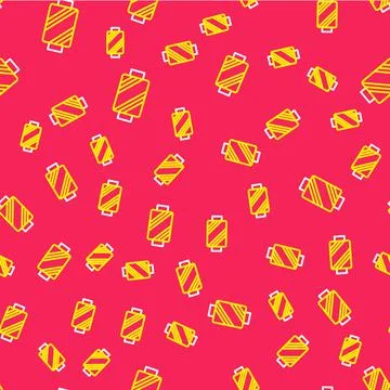 Line Sewing thread on spool icon isolated seamless pattern on red background Stock Illustration