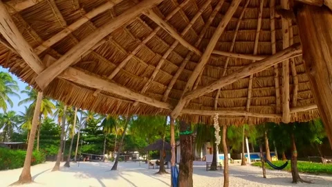 A line of shells hung on a straw parasol at jambiani beach zanzibar Stock Footage 240604778