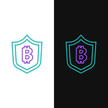 Line Shield with bitcoin icon isolated on white and black background Illustrazione stock