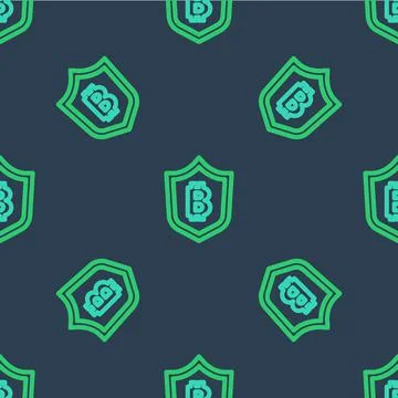 Line Shield with bitcoin icon isolated seamless pattern on blue background Stock Illustration