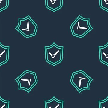 Line Shield with check mark icon isolated seamless pattern on black background Stock Illustration