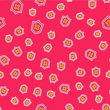 Line Shield with cross mark icon isolated seamless pattern on red background Stock Illustration