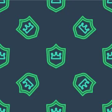 Line Shield with crown icon isolated seamless pattern on blue background. Vector Stockillustratie