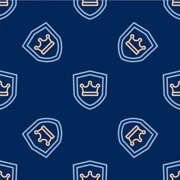 Line Shield with crown icon isolated seamless pattern on blue background. Vector Stock Illustration
