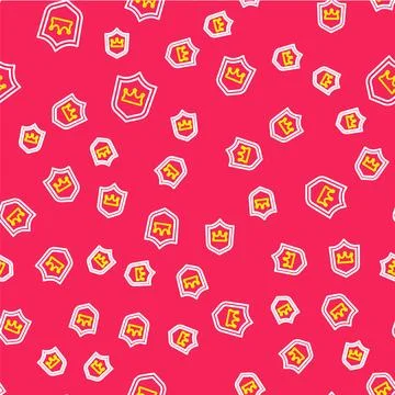 Line Shield with crown icon isolated seamless pattern on red background.  V.. Stock Illustration