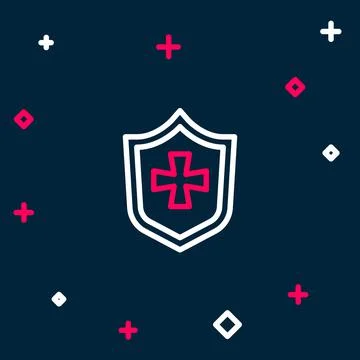 Line Shield icon isolated on blue background. Guard sign. Security, safety Stock Illustration