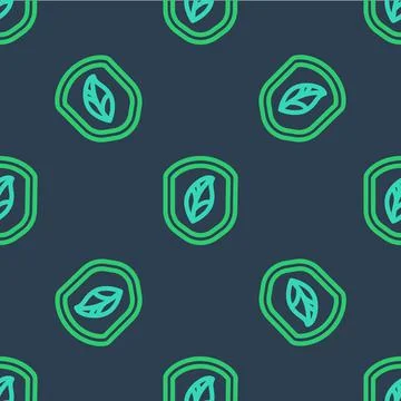 Line Shield with leaf icon isolated seamless pattern on blue background. Eco Stock Illustration