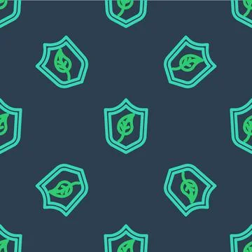 Line Shield with leaf icon isolated seamless pattern on blue background. Eco Stock Illustration
