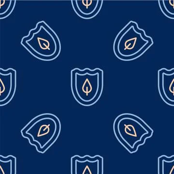 Line Shield with leaf icon isolated seamless pattern on blue background. Eco- Stock Illustration