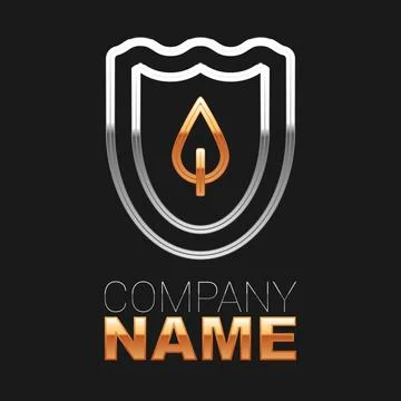 Line Shield with leaf icon isolated on black background. Eco-friendly security Stock Illustration