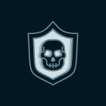 Line Shield with pirate skull icon isolated on black background. Flat fille.. Stock Illustration