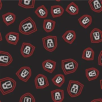 Line Shield security with lock icon isolated seamless pattern on black Stockillustratie