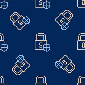 Line Shield security with lock icon isolated seamless pattern on blue background Stock Illustration