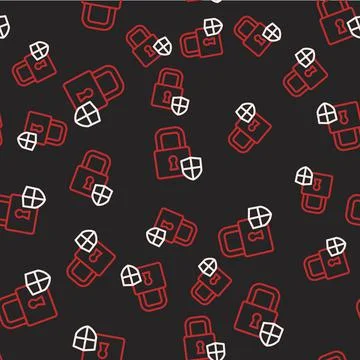 Line Shield security with lock icon isolated seamless pattern on black イラスト素材