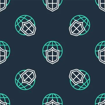Line Shield with world globe icon isolated seamless pattern on black background Illustrazione stock