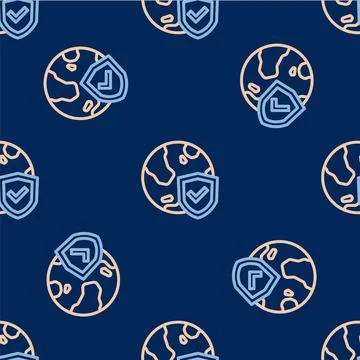 Line Shield with world globe icon isolated seamless pattern on blue background Stock Illustration
