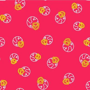 Line Shield with world globe icon isolated seamless pattern on red backgrou.. Stock Illustration