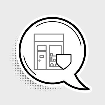 Line Shopping building with shield icon isolated on grey background. Insurance Ilustración de archivo