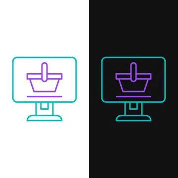 Line Shopping cart on screen computer icon isolated on white and black Stock-Illustration