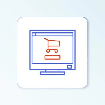 Line Shopping cart on screen computer icon isolated on white background. Concept Illustrazione stock