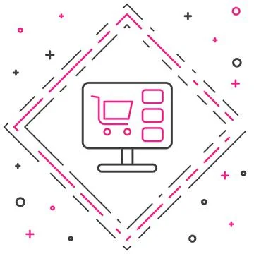 Line Shopping cart on screen computer icon isolated on white background. Concept 스톡 일러스트