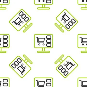 Line Shopping cart on screen computer icon isolated seamless pattern on white Stock Illustration