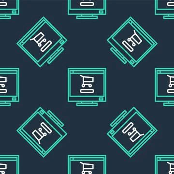 Line Shopping cart on screen computer icon isolated seamless pattern on bla.. Stockillustratie