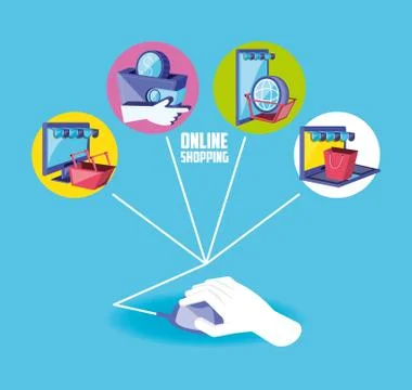 On line shopping with hand using mouse and set icons イラスト素材