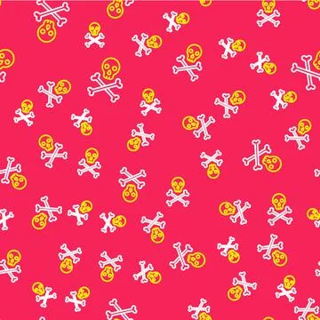 Line Skull on crossbones icon isolated seamless pattern on red background. Happy Stock Illustration