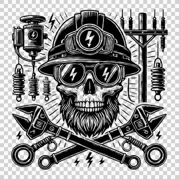 Line Skull Wearing Hard Hat And Goggles headgear beard Stock Illustration