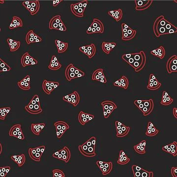 Line Slice of pizza icon isolated seamless pattern on black background. Fast  Stock Illustration