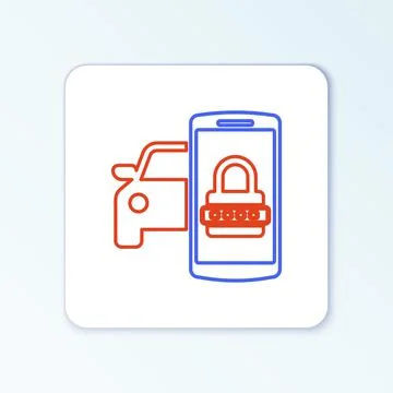 Line Smart car security system icon isolated on white background. The smartphone Illustrazione stock