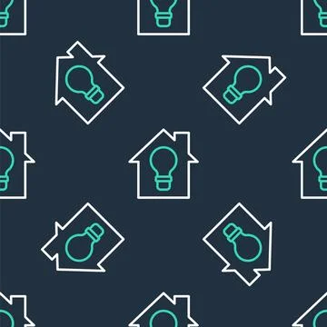 Line Smart house and light bulb icon isolated seamless pattern on black bac.. Stock Illustration