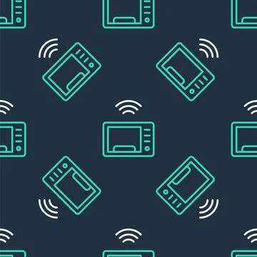 Line Smart microwave oven system icon isolated seamless pattern on black 스톡 일러스트