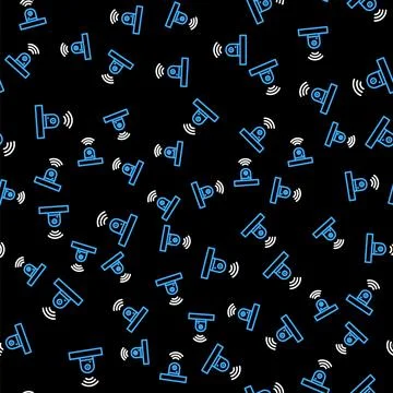 Line Smart security camera icon isolated seamless pattern on black background Illustrazione stock