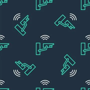 Line Smart security camera icon isolated seamless pattern on black background Stock Illustration