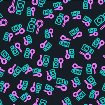 Line Soap bubbles bottle icon isolated seamless pattern on black background Stockillustratie