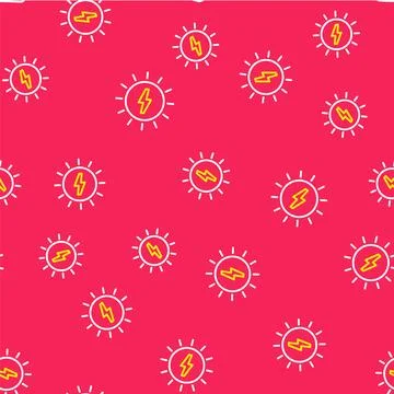 Line Solar energy panel icon isolated seamless pattern on red background. Sun 스톡 일러스트