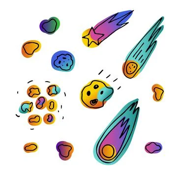 Line Space doodle comet set. Hand-drawn asteroids Illustrazione stock