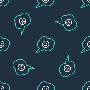 Line Speech bubble with sad smile icon isolated seamless pattern on black Illustrazione stock