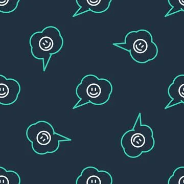 Line Speech bubble with smile face icon isolated seamless pattern on black Stock Illustration