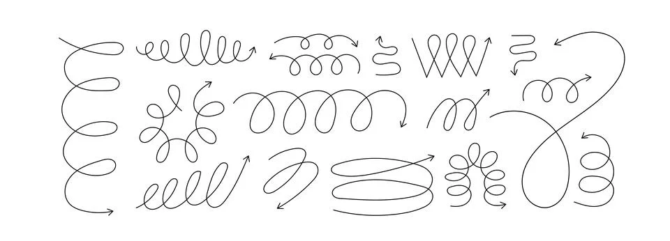Line spiral spring arrow vector illustration set. Y2k aesthetic design element Stock Illustration