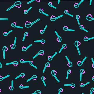 Line Spoon with sugar icon isolated seamless pattern on black background. Tea 스톡 일러스트