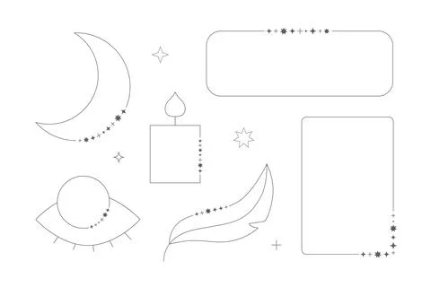 Line starlight frames. Shine sparcle stars shape windows, moon, yey, feather. Stock-Illustration