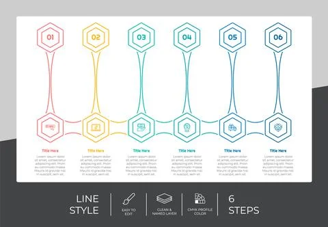 Line step infographic vector design with 6 steps &amp; colorful style for present 스톡 일러스트