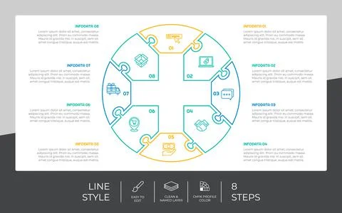 Line step infographic vector design with 8 steps &amp; colorful style for present Stock Illustration
