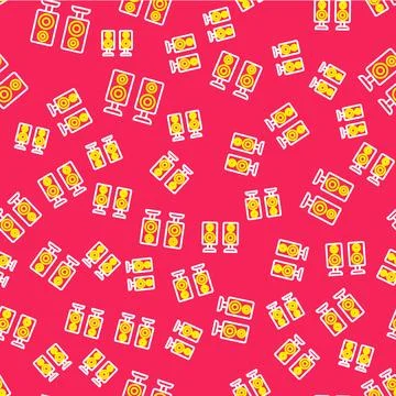 Line Stereo speaker icon isolated seamless pattern on red background. Sound.. Stock Illustration