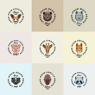 Line Style Animals Faces Set with Retro Typography. Abstract Vector Signs Illustrazione stock