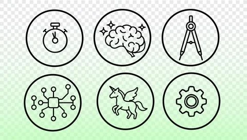 Line style vector illustrations include brain stopwatch unicorn gear. Concept Illustrazione stock
